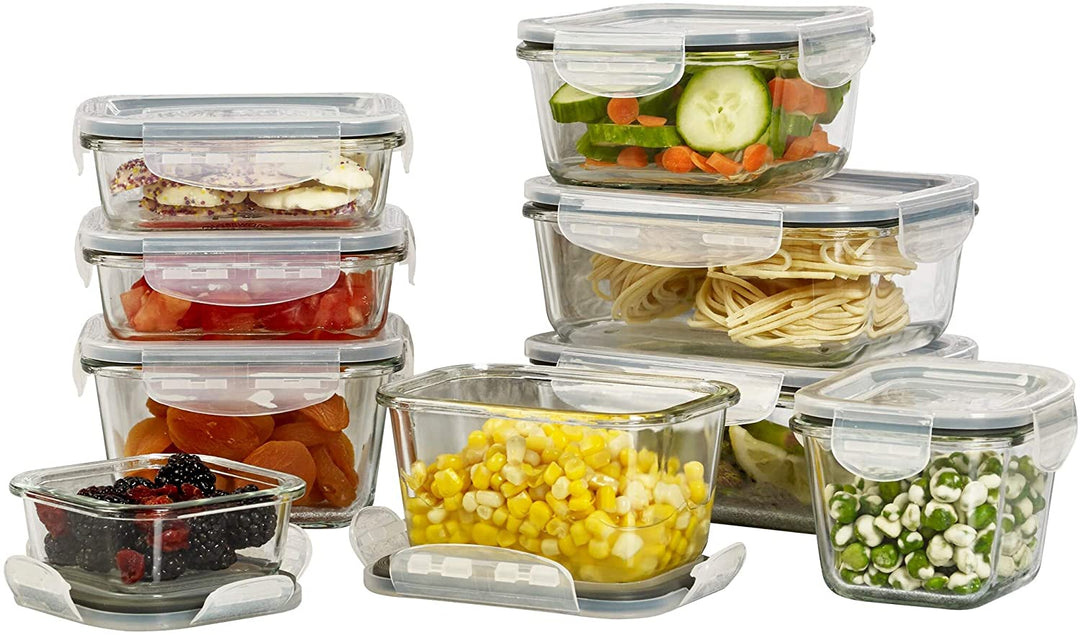 18pc Glass Food Storage Set Lids Gray Gaskets Clear Plastic 18 Piece - Diamond Home USA