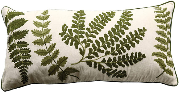 MISC White Rectangle Cotton Pillow Embroidered Green Ferns Cream Floral Bohemian Eclectic Removable Cover