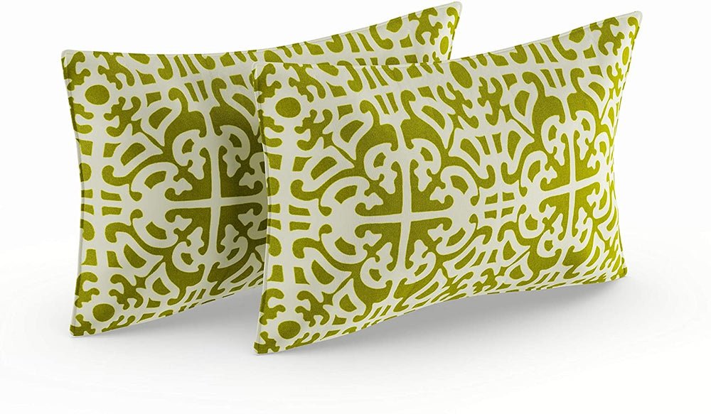 19x12 inch Rectangular Outdoor Grass Accent Pillows (Set 2) Green White Damask Transitional Polyester Fade Resistant Uv Water