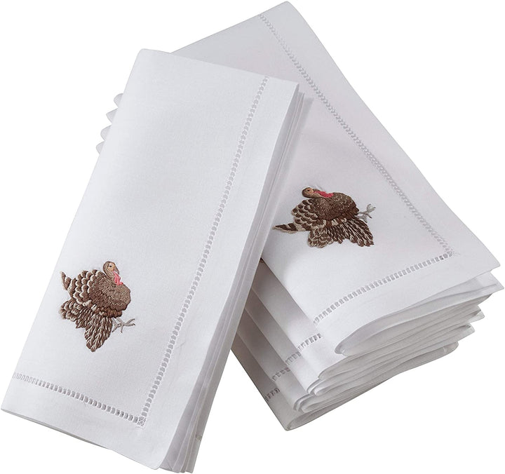 Cotton Table Napkins Embroidered Turkey Design (Set 6) White