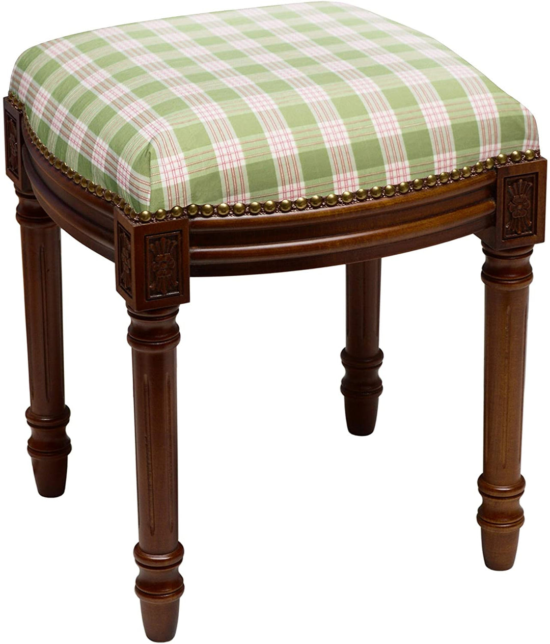 Green Pink Plaid Vanity Stool Rubberwood Chestnut