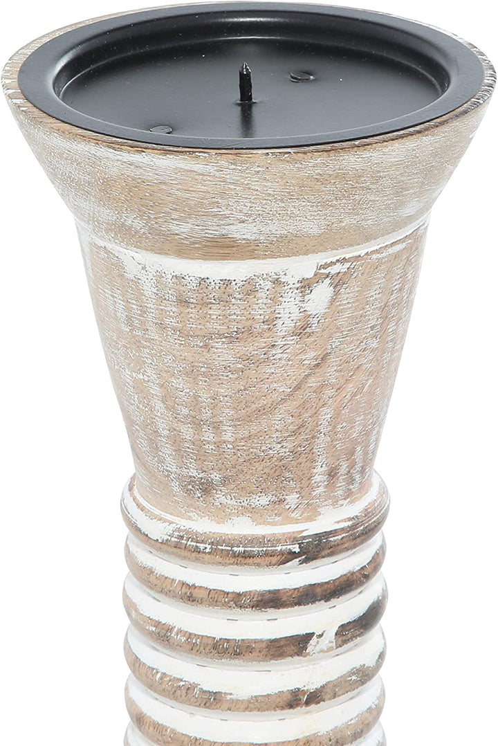 Round White Washed Wood Carved Candle Holders Textured Pattern Ribbing Set 3 12" 15" 18" 5 X 18 Brown - Diamond Home USA