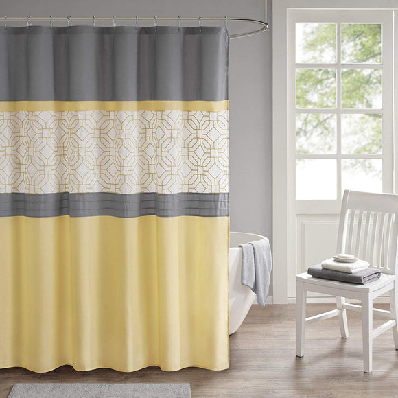 Yellow Geometric Shower Curtain Added Lining Grey Stripes White Yellow Embroidered Geo Pattern Bathtub Curtain Textured Embroidery Gray Shower Drape