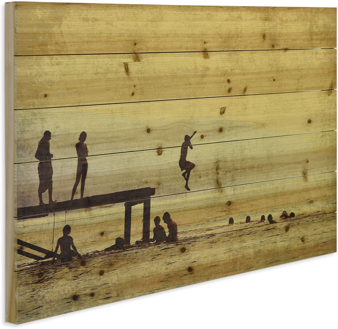 Summer Lake Wall Art Printed Solid Fir Wood Planks Brown Nautical Coastal