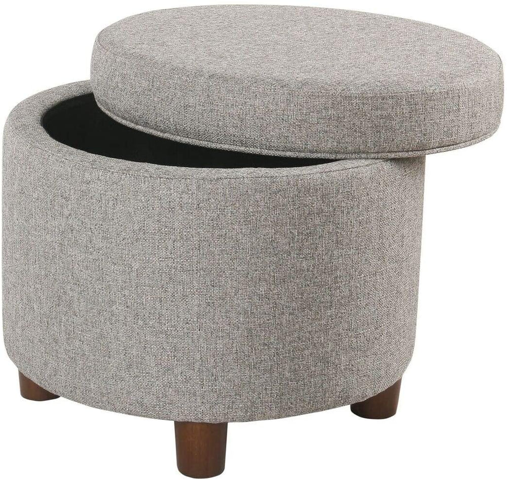 Light Gray Tweed Round Storage Ottoman Grey Solid Mid Century Modern Fabric