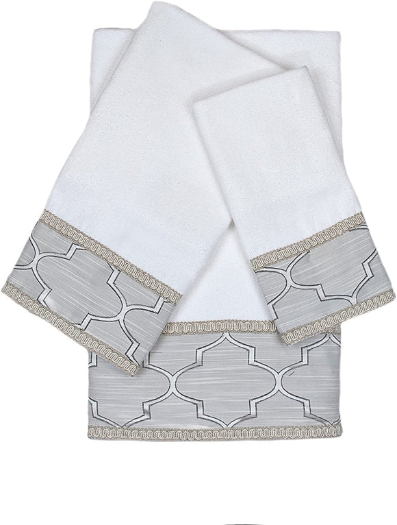 Gimp White 3 Piece Decorative Embellished Towel Set Solid Color Cotton