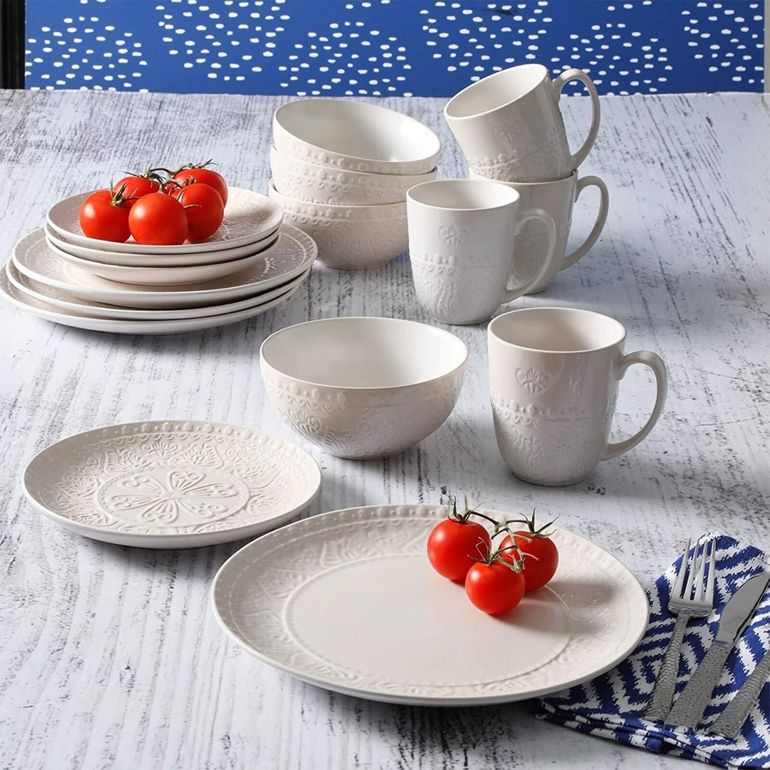 16 Pc Stoneware Dinnerware Set Cream Cream Vines Leaves Casual Round Piece Microwave Safe