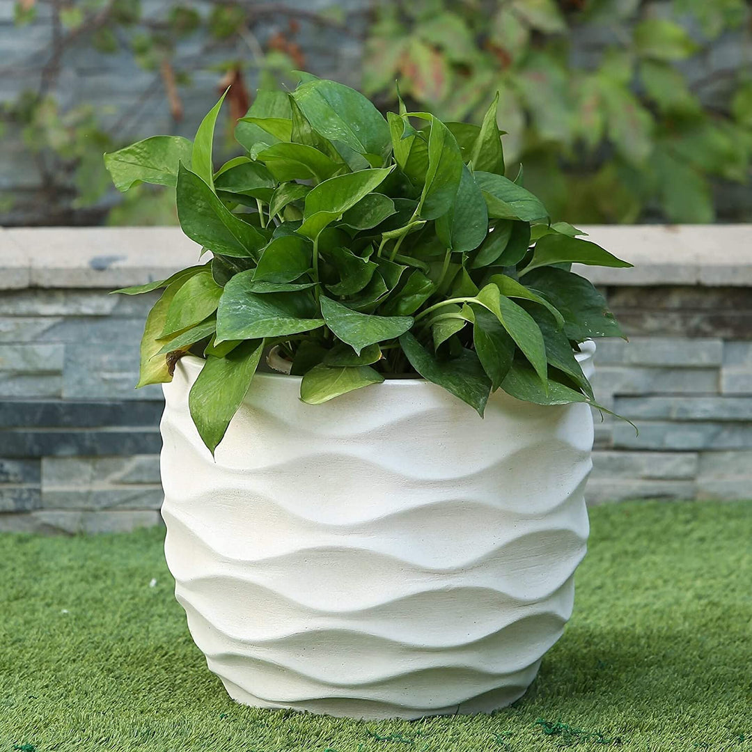 White Wavy Design Planter Large Modern Contemporary Round