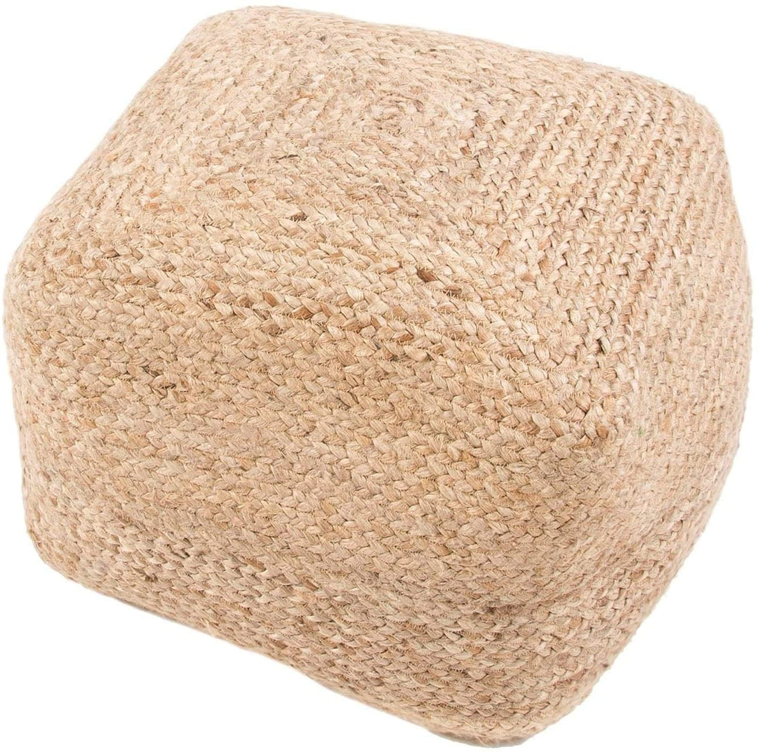 Modern Beige Cube Shape Jute Pouf Brown Solid Color Mid Century Contemporary One Pillow