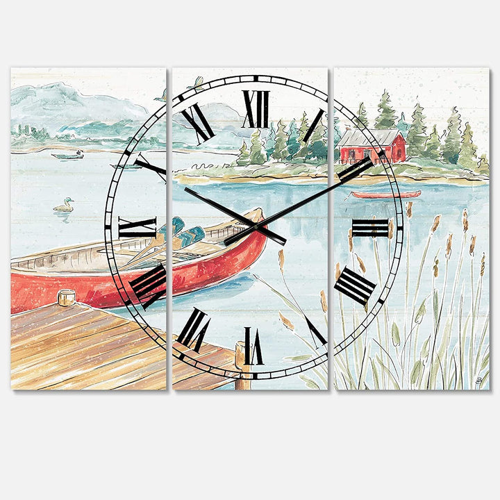 Lake House Canoes I' Cottage 3 Panels Large Wall Clock 36 Wide X 28 High Panels Pink Farmhouse Lake Rectangular Steel Finish Battery Included - Diamond Home USA