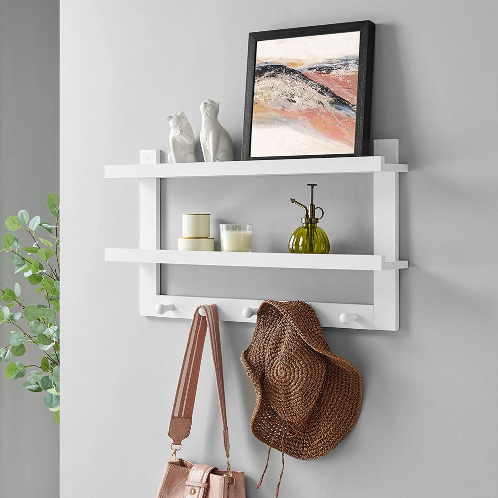 Two Tier Ledge Shelf Wall Organizer Five Hanging Hooks White MDF Matte Includes Hardware - Diamond Home USA