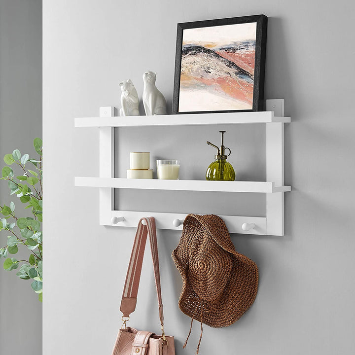 Two Tier Ledge Shelf Wall Organizer Five Hanging Hooks White MDF Matte Includes Hardware - Diamond Home USA