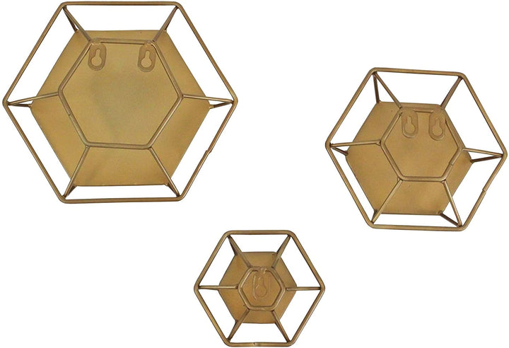 Hexagonal Wall Mirrors (Set 3) Brown Modern Contemporary Hooks Included