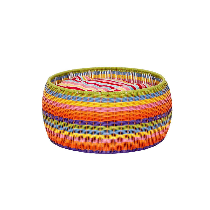 Outdoor Patio Round Wicker Ottoman Colorful Small Rainbow Footstool Rounded Shape Circular Living Room Indoor Boho Bohemian Strong Sturdy Low Height