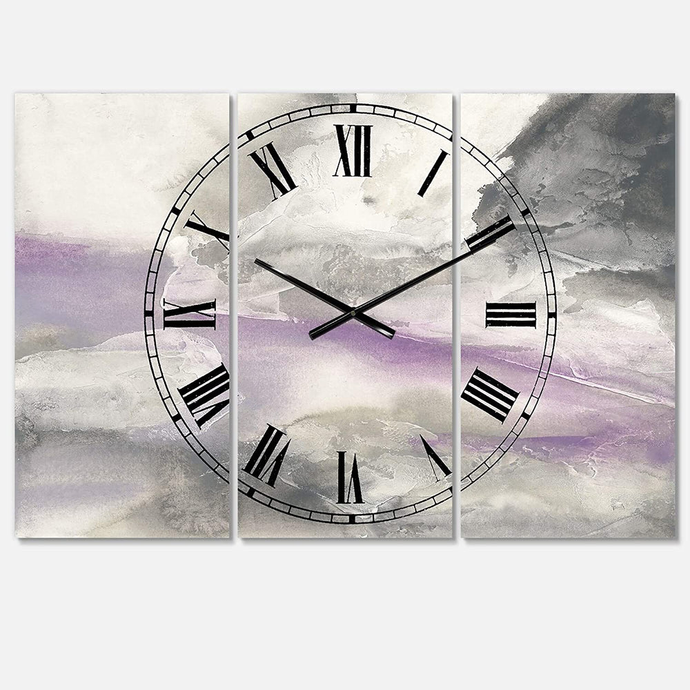 Watercolor Minimal Purple Tones I' Cottage 3 Panels Oversized Wall Clock 36 Wide X 28 High Panels Grey Farmhouse Traditional Rectangular Steel - Diamond Home USA