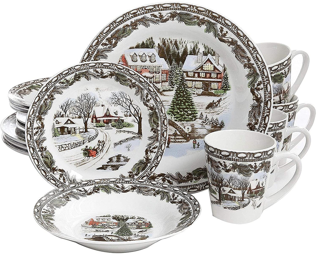 Cozy Christmas Scenic Cottage 16 Piece Dinnerware Set