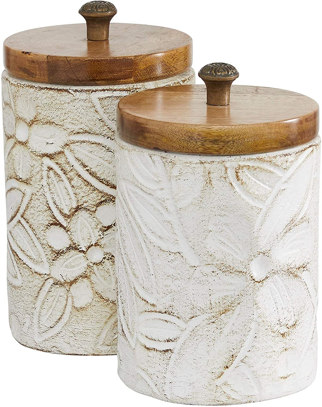 Round Rustic White Floral Carved Ceramic Jars Wood Lid Set 2 9" 10" 11 X 6 10 Clay - Diamond Home USA