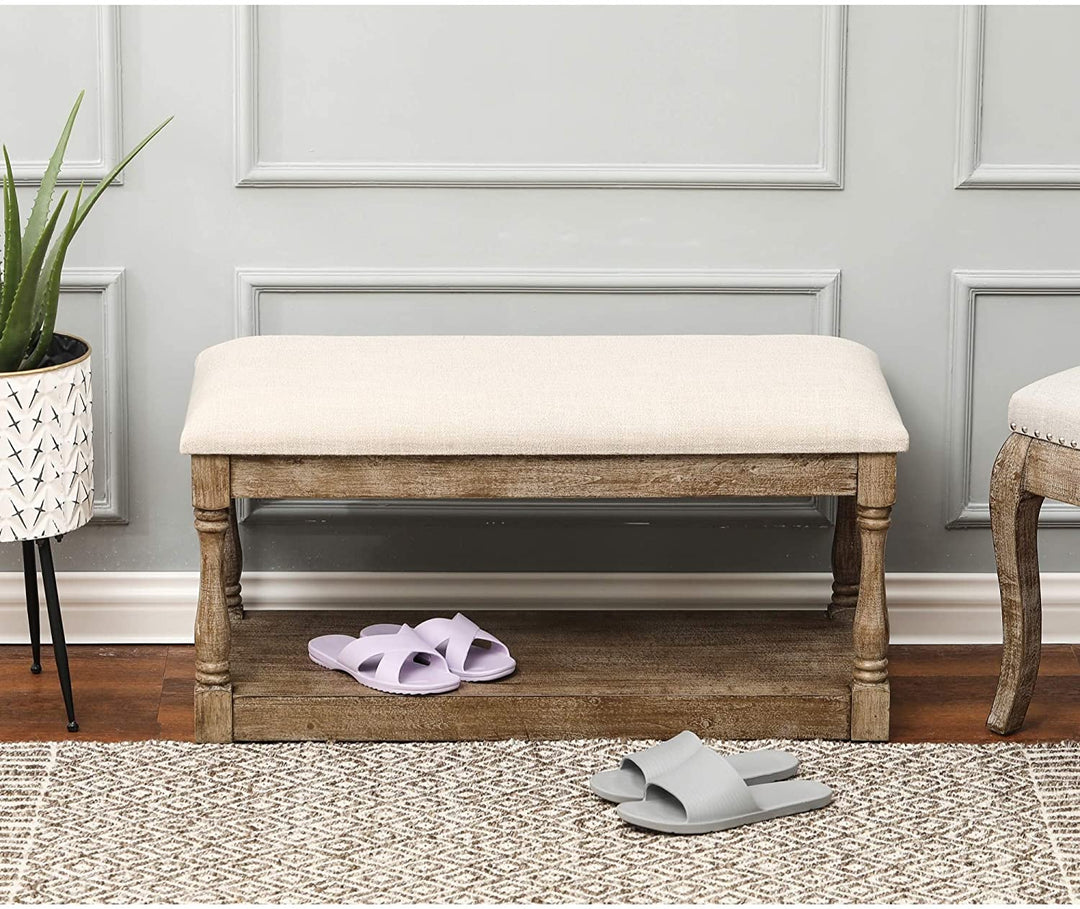 Upholstered Beige Linen Entryway Bedroom Bench Solid