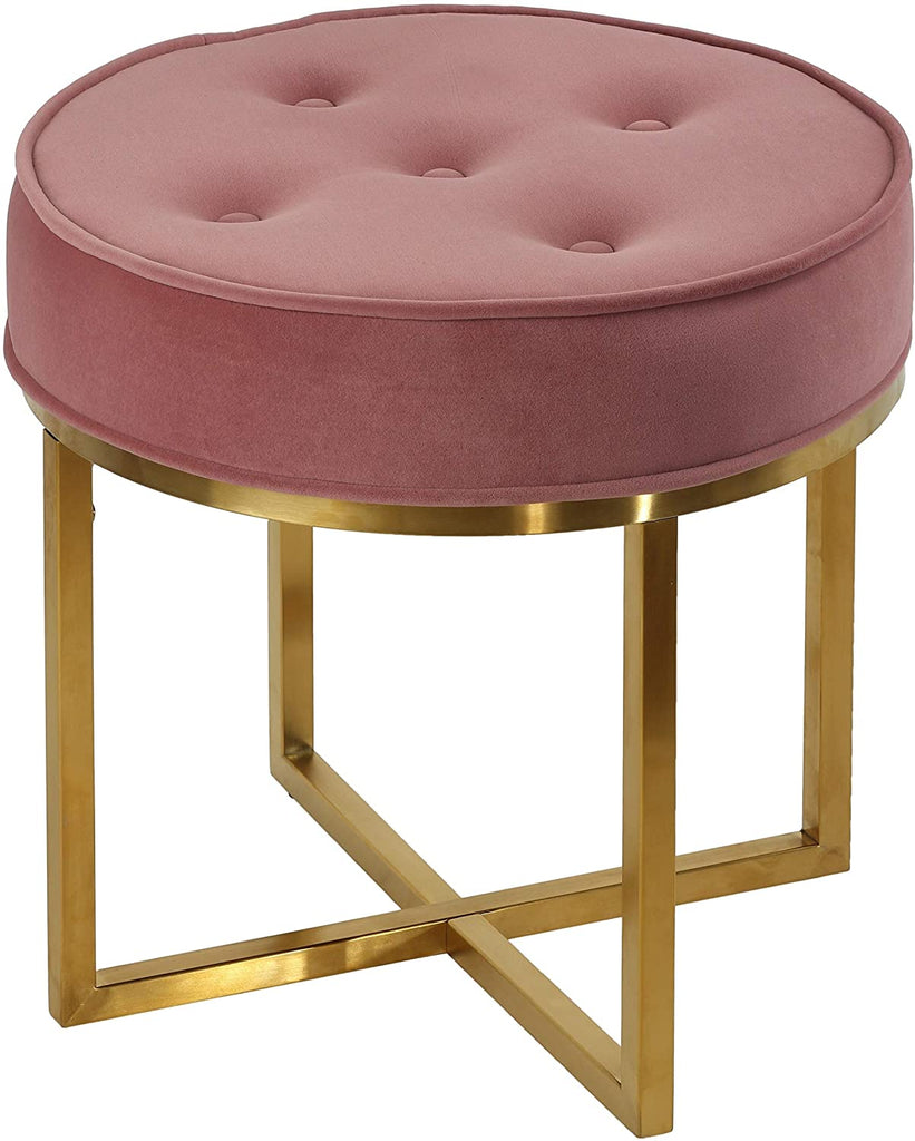 Round Ottoman Blush Pink Velvet Brushed Gold Stainless Steel Modern Contemporary Solid