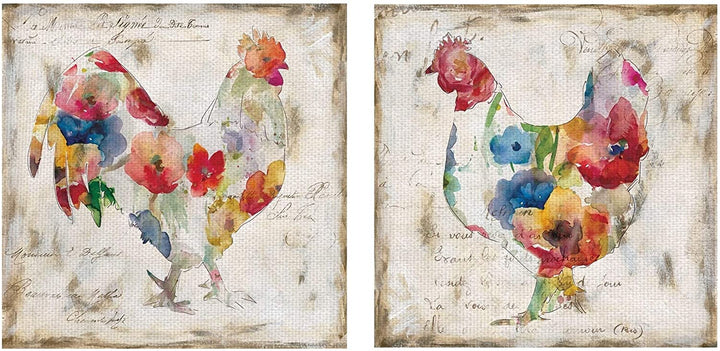 Flowered Hen Rooster Robinson Canvas Art Painting Set