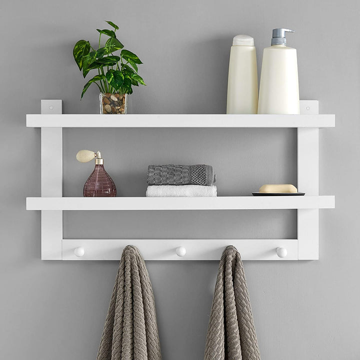 Two Tier Ledge Shelf Wall Organizer Five Hanging Hooks White