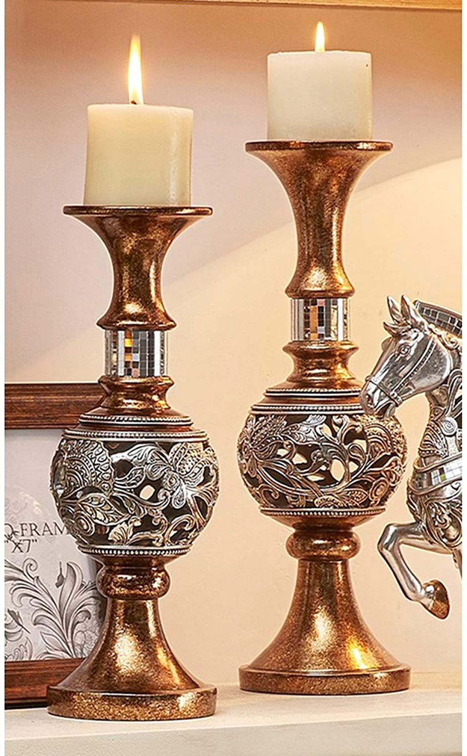 International Home Decor Floral Candleholder (Set 2) Silver Traditional Polyresin - Diamond Home USA