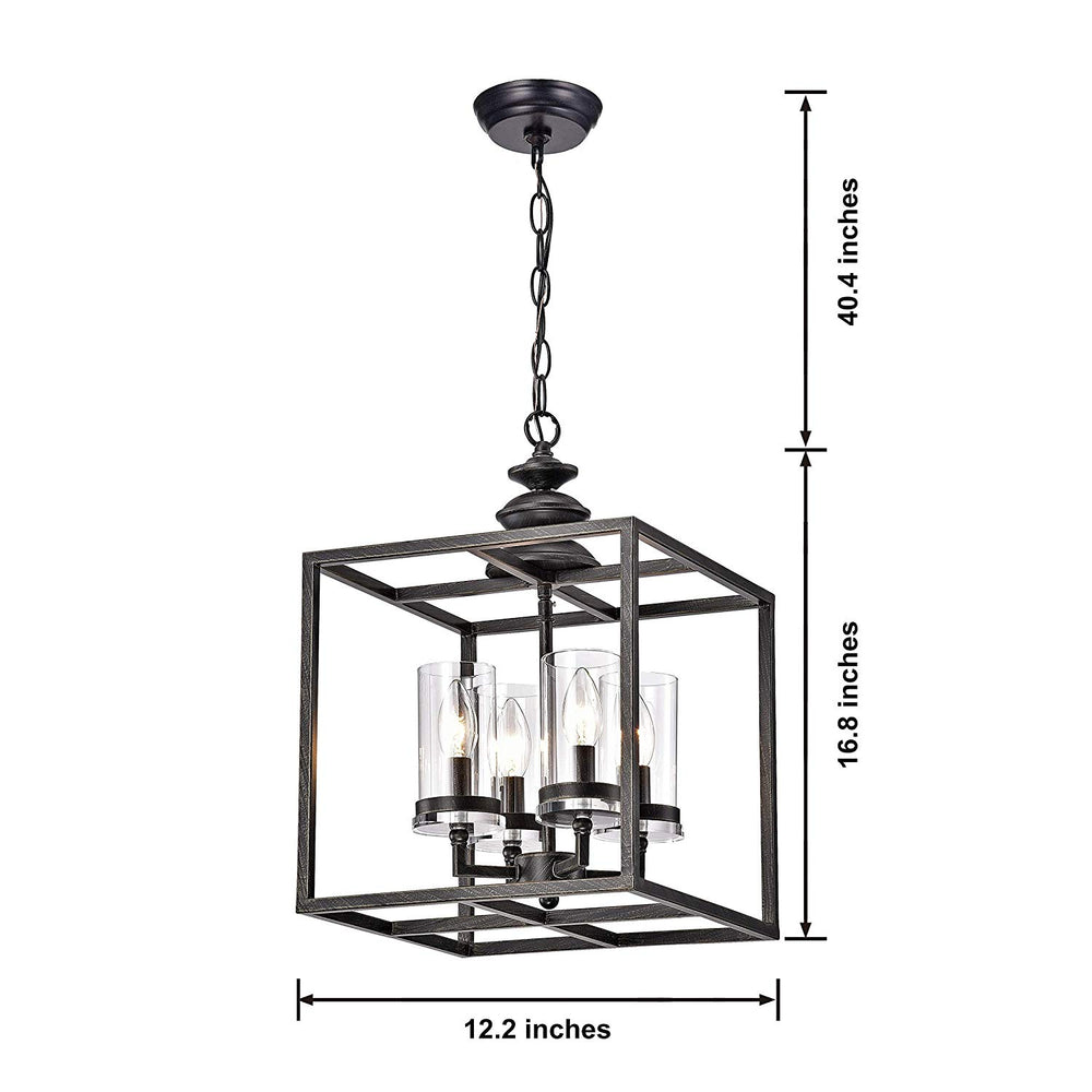 Black 4 Light Lantern Pendant Cage Fixture Geometric Lighting Hanging Square Metal Farmhouse Industrial Clear Glass Cylinders Barn Chanedelier Antique