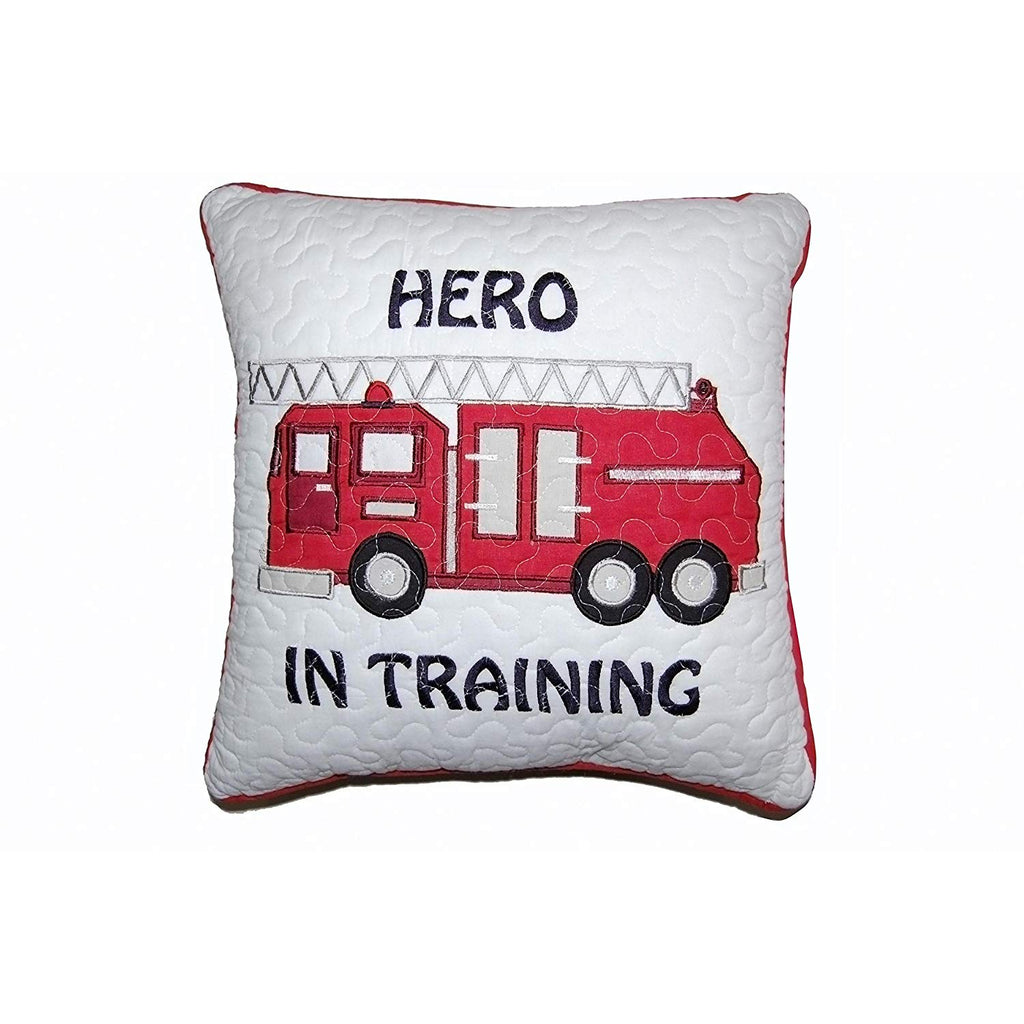 18 X 18 Inch Kids Red White Fire Truck Throw Pillow Wheels Transportation Themed Sofa Cushion Text English Words Transport Chevron Zigzag Vehicle