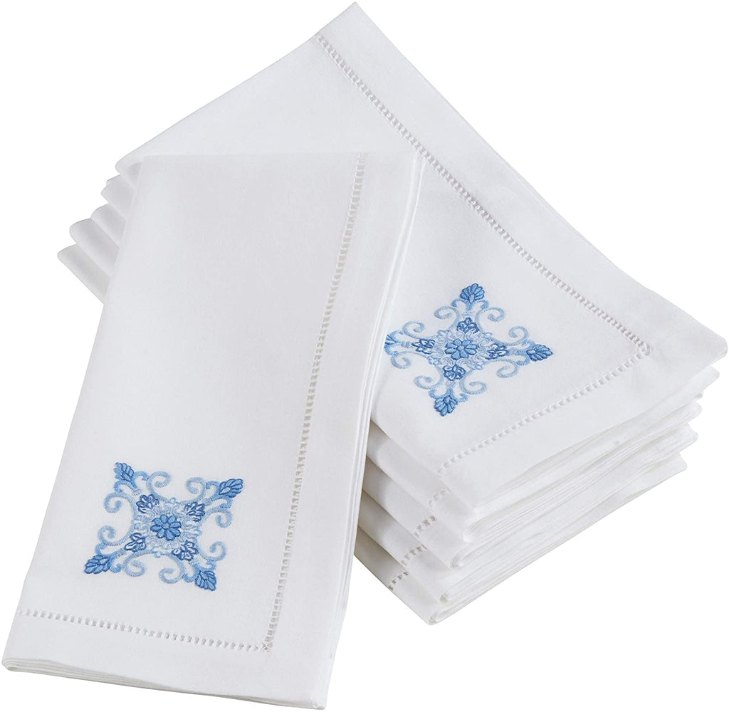 Embroidered Blue Medallion Hemstitched Cotton Napkin (Set 6) White Solid Classic Modern Contemporary Traditional Square