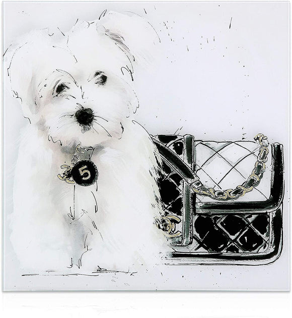 Black White Dog Wall Art Frameless Free Floating Tempered Glass Modern Contemporary