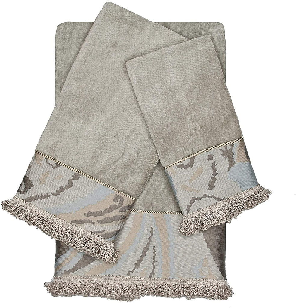 Grey 3 Piece Decorative Embellished Towel Set Animal Cotton