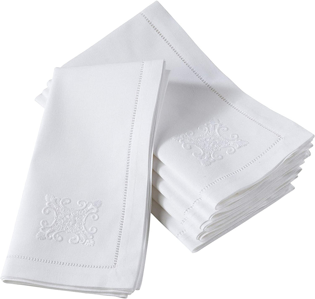 Cotton Embroidered Ornament Hemstitched Napkin (Set 6) White