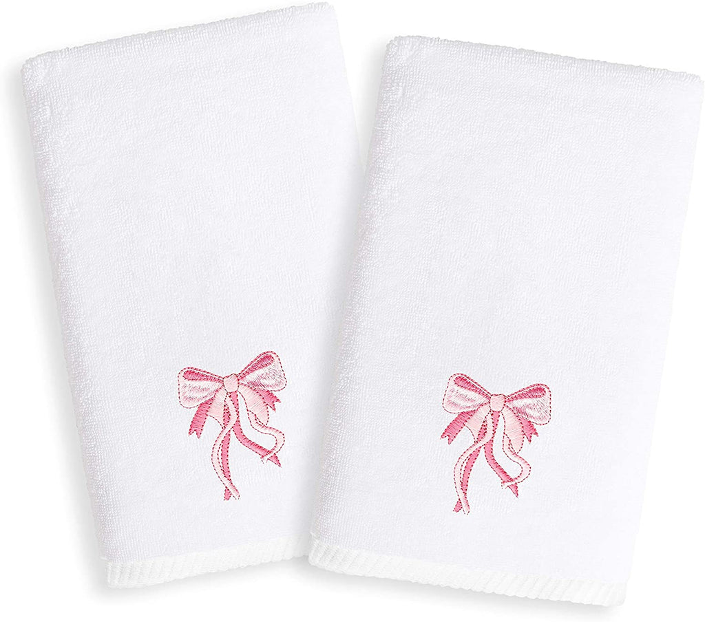 Sweet Kids Pink Bow Embroidered White Turkish Cotton Hand Towels (Set 2) Novelty