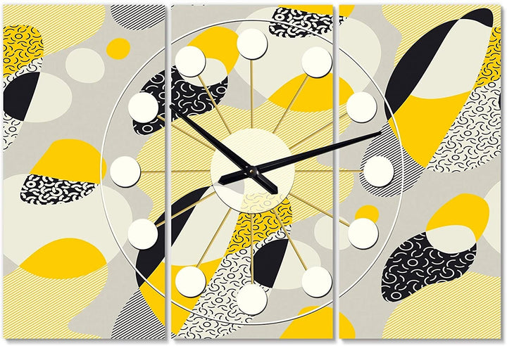 Abstract Design Retro Pattern V' Oversized Mid Century Wall Clock 3 Panels 36 Wide X 28 High Yellow Mid Century Modern Contemporary Rectangular - Diamond Home USA