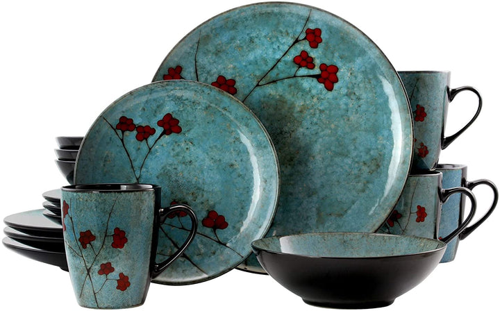 Midnight Blossom 16 Piece Stoneware Dinnerware Set Blue