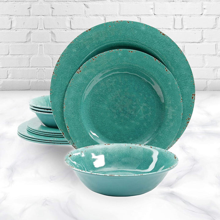 California 12 Piece Dinnerware Set Green Decal Blue Solid Casual Round - Diamond Home USA