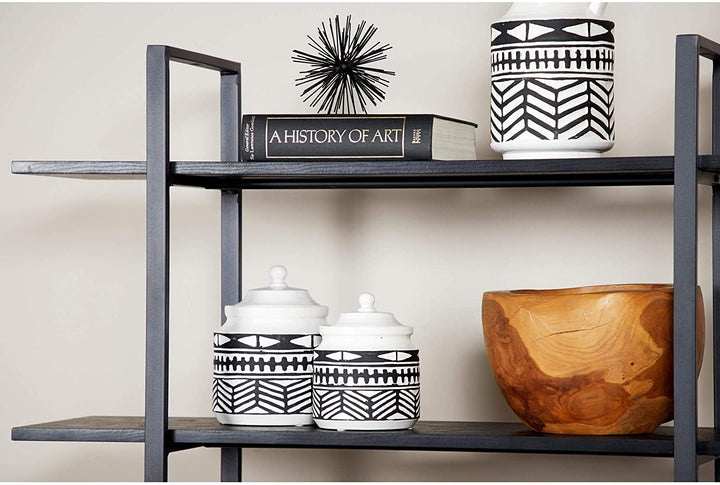 Large Round Black White Ceramic Jars W Eclectic Geometric Patterns Set 2 7 X 9 Transitional - Diamond Home USA