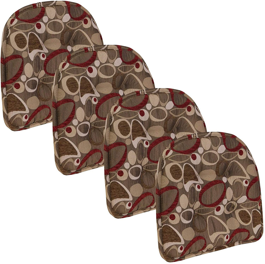 MISC Non Slip 15" X 16" Chenille Red Circles Tufted Chair Cushions Set 4 Brown Abstract Polyester Ties