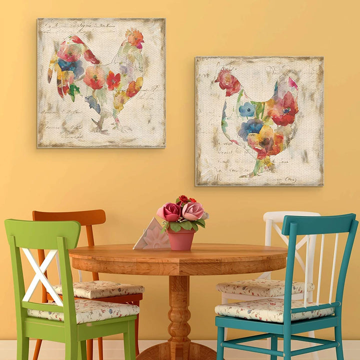 Flowered Hen Rooster Robinson Canvas Art Painting Set 24x24x2 Farmhouse Square