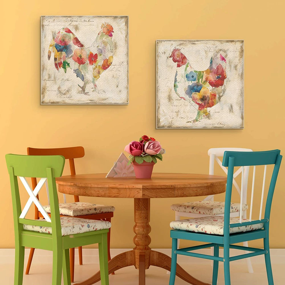 Flowered Hen Rooster Robinson Canvas Art Painting Set 20x20x2 Farmhouse Square