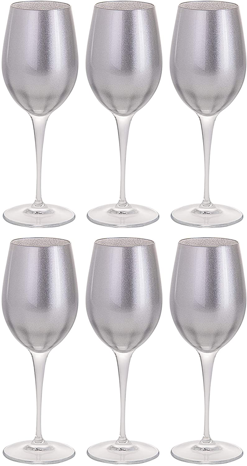 Glass Wine/Water Goblet Set/6 Silver W/Clear Stem 14 Oz Made Europe