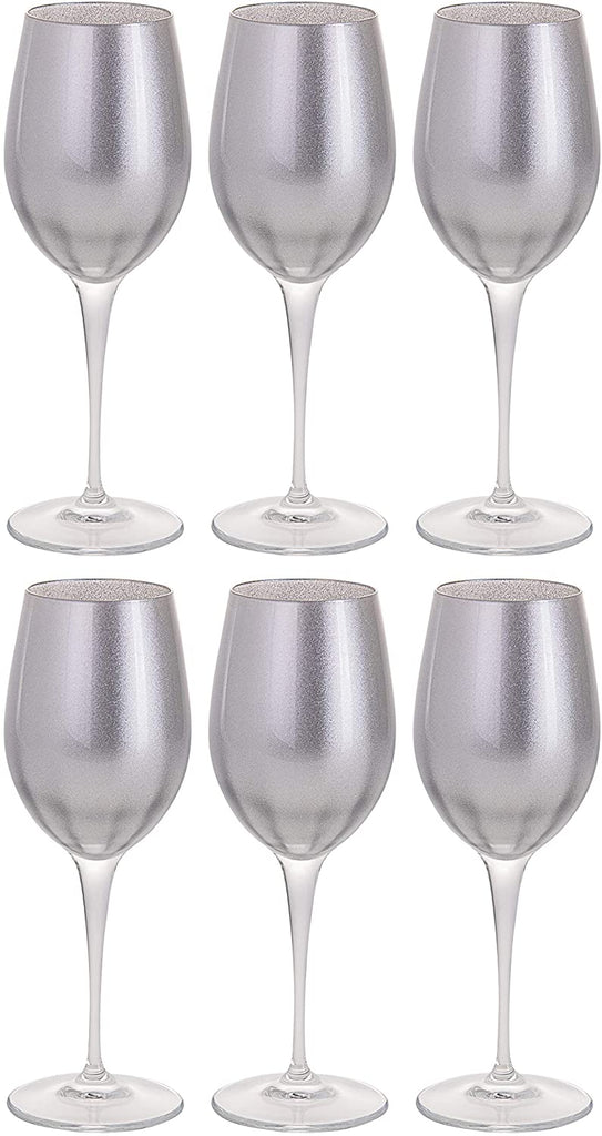 Glass Wine/Water Goblet Set/6 Silver W/Clear Stem 14 Oz Made Europe