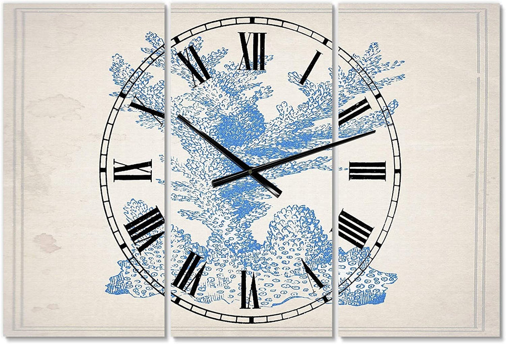 Blue Coral 1' Large Nautical Coastal Wall Clock 3 Panels 36 Wide X 28 High Blue Tropical Rectangular Steel Finish Battery - Diamond Home USA