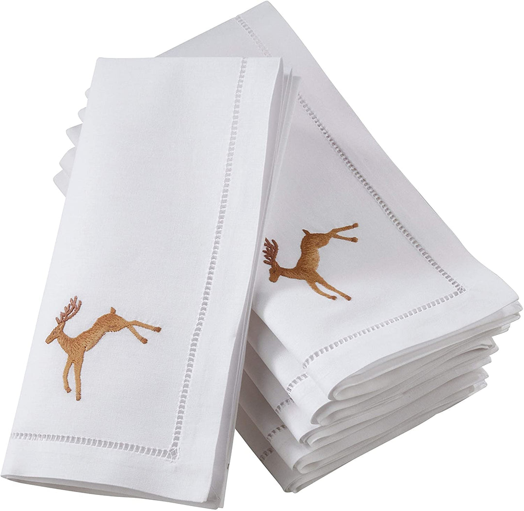 Brown Cotton Embroidered Reindeer Design Hemstitch Napkins