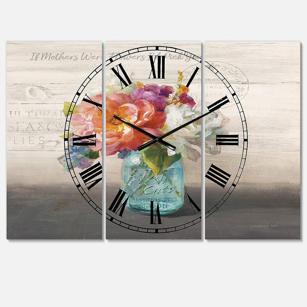 French Cottage Bouquet I Mothers' 3 Panels Oversized Wall Clock 36 Wide X 28 High Panels Blue Farmhouse Traditional Rectangular Steel Finish - Diamond Home USA