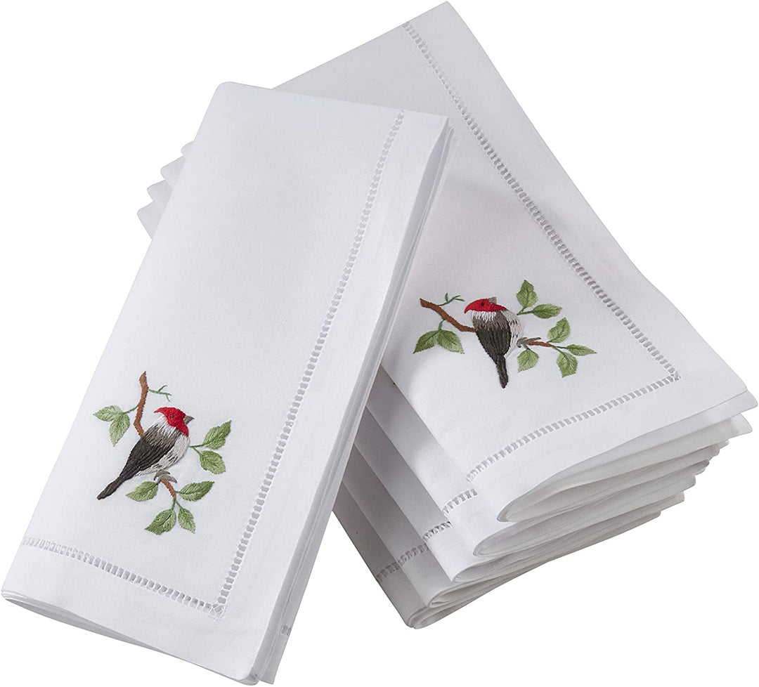 Woodpecker Embroidery Cotton Napkins Hemstitch Border (Set