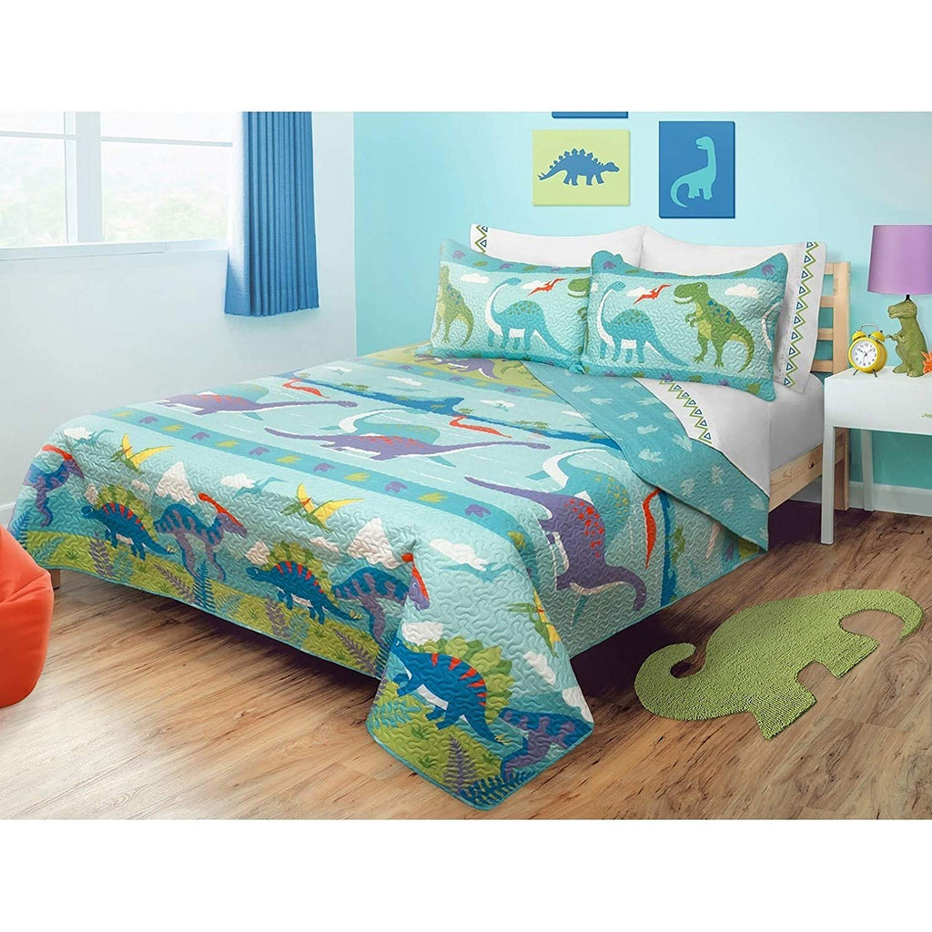 3 Piece Dinosaur Quilt Full Size Set Colorful Aqua Blue Double Dino Themed Bedding Kids Bedroom Polyester Microfiber
