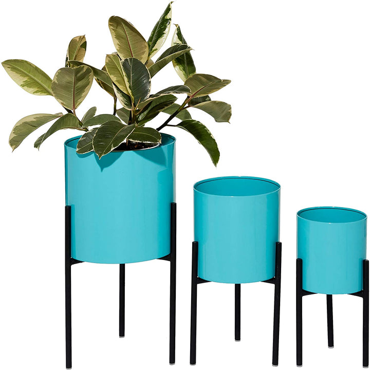 Round Teal Metal Planters Set 3 10" 13" 14" 10 X 18