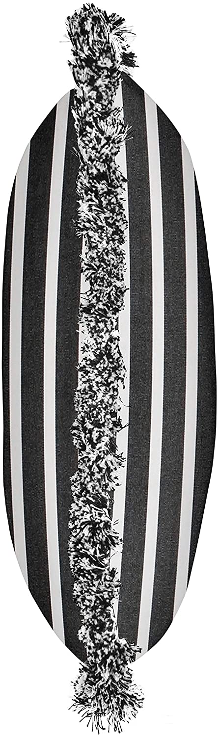 Shore Classic Indoor/Outdoor Square Pillow Fringe Black White Striped Transitional Fabric Fade Resistant Uv - Diamond Home USA