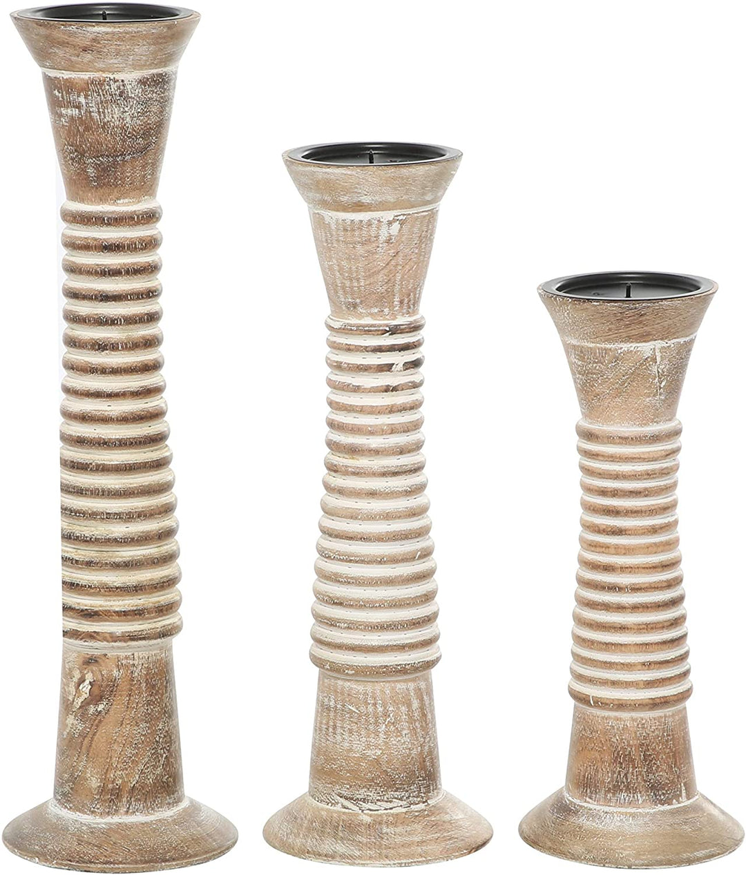 Round White Washed Wood Carved Candle Holders Textured Pattern Ribbing Set 3 12" 15" 18" 5 X 18 Brown - Diamond Home USA